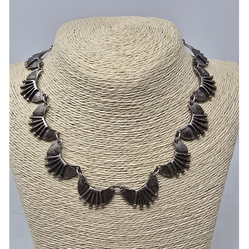 Vtg Turkish Zamak‎ silver fan link choker necklace ottoman coin charm brutalist